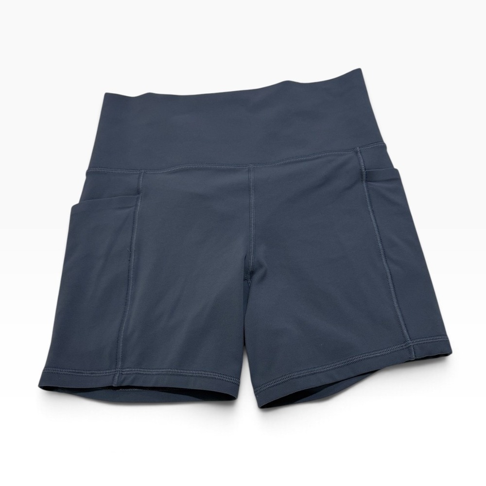Athleta Salutation Stash 5" Shorts Womens XS Blue Gray High Rise Pocket Yoga